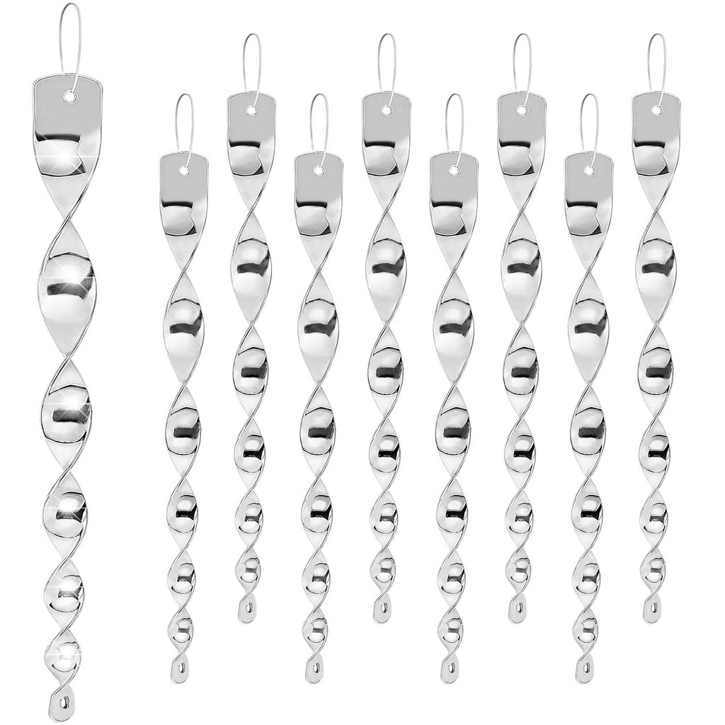 Silver wind-driven woodpecker deterrent set of 12 hanging metallic spinner chains