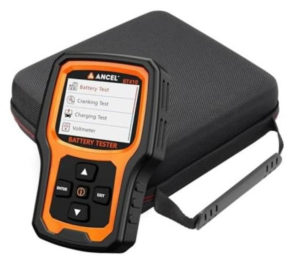 Protective hard case with car battery tester inside, textured dark gray with red trim