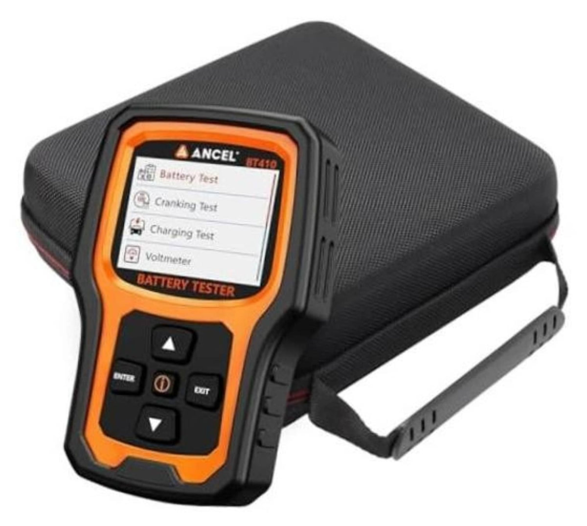 Protective hard case with car battery tester inside, textured dark gray with red trim
