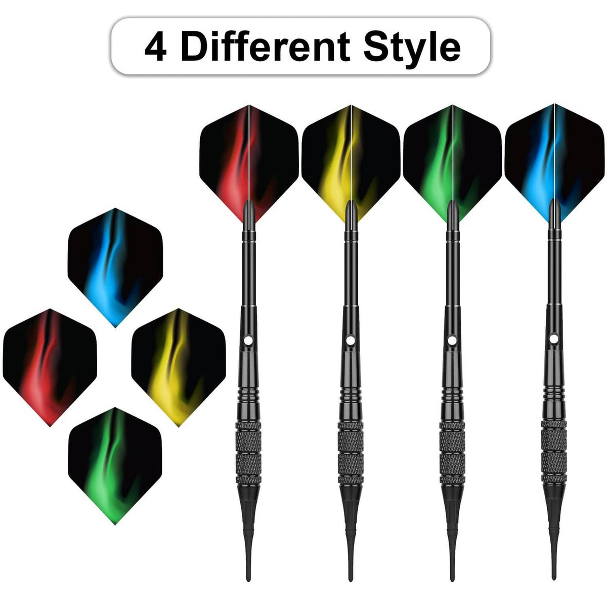 Set of four soft tip darts with red, yellow, green, and blue flights