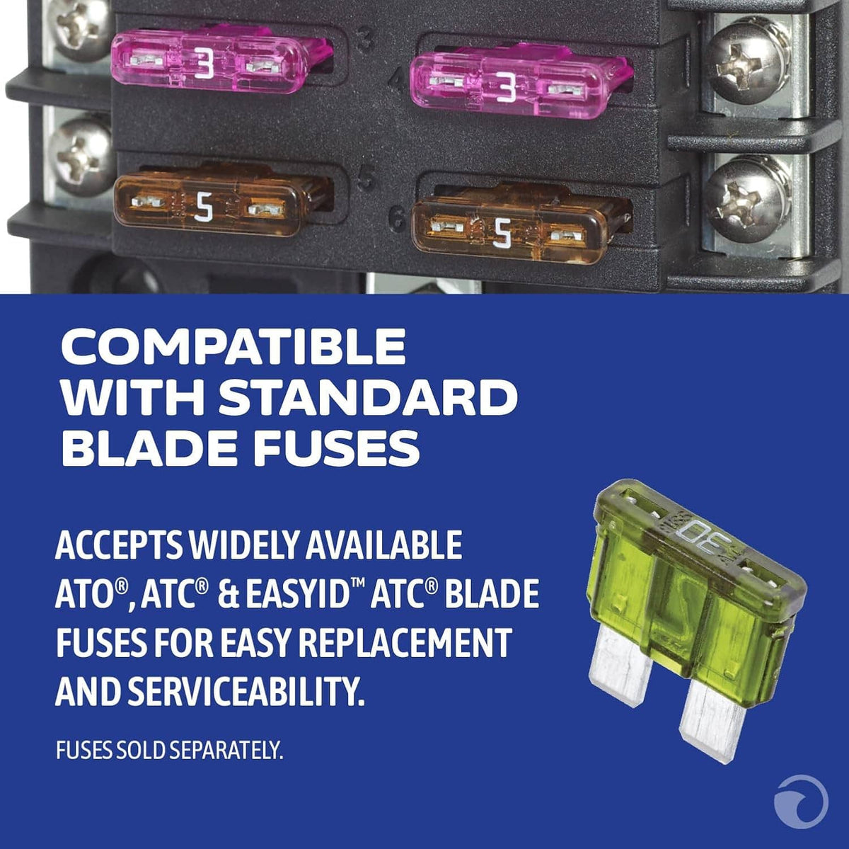 Blade fuse block close-up with colorful blade fuses in terminal positions