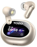 Titanium gold wireless earbuds with charging case and LCD display