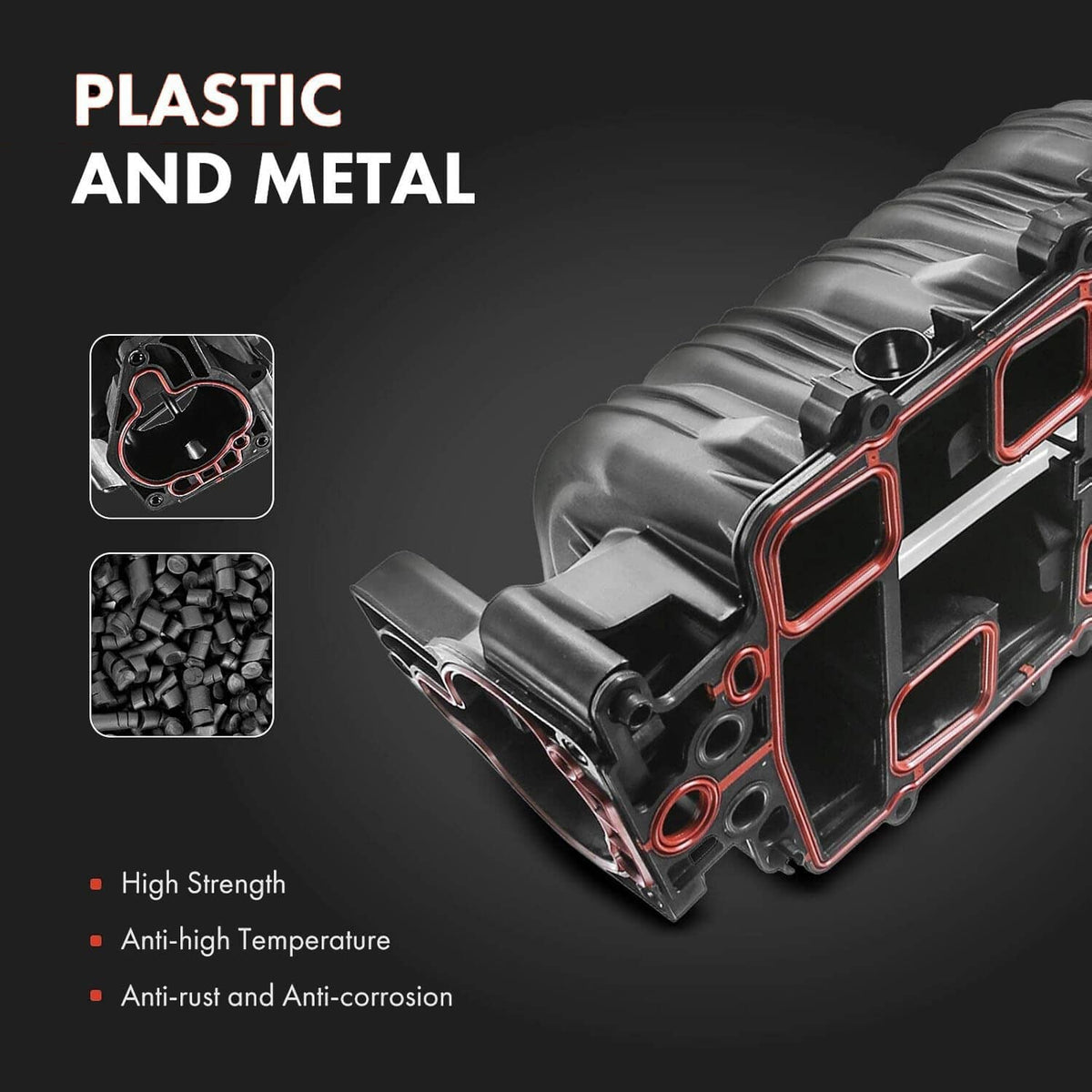 Black plastic intake manifold with metal accents and red-outlined gasket seals