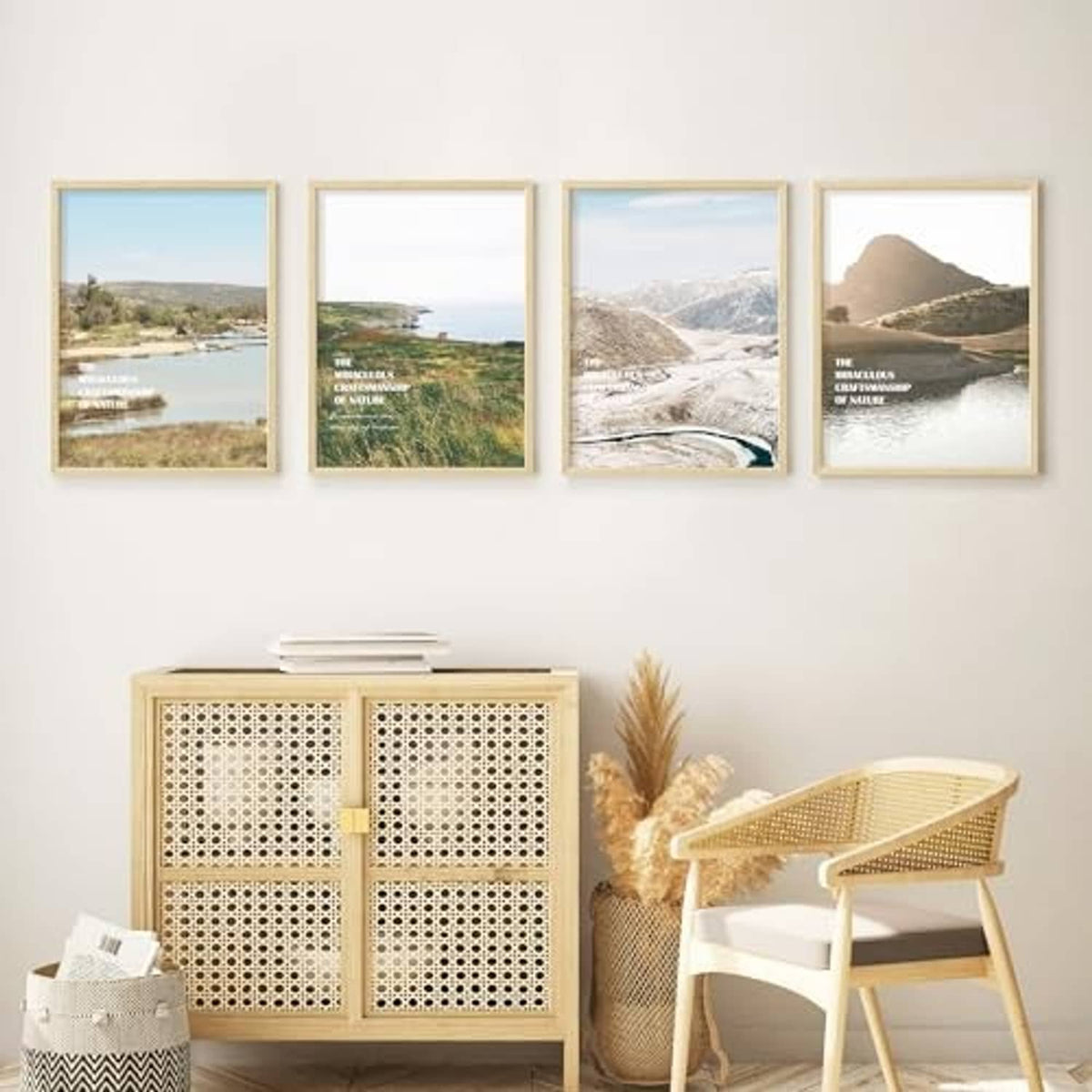 Four light wood picture frames on wall, displaying landscape photos