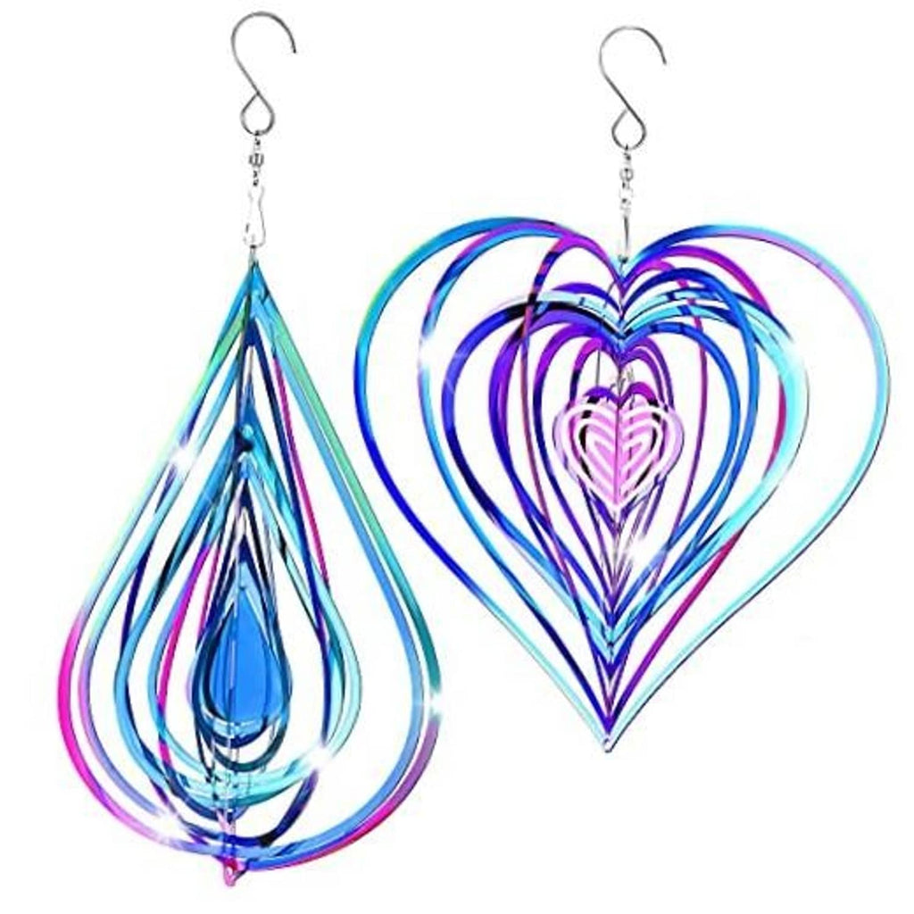 Colorful heart and teardrop stainless-steel wind spinners with hanging hooks and chains
