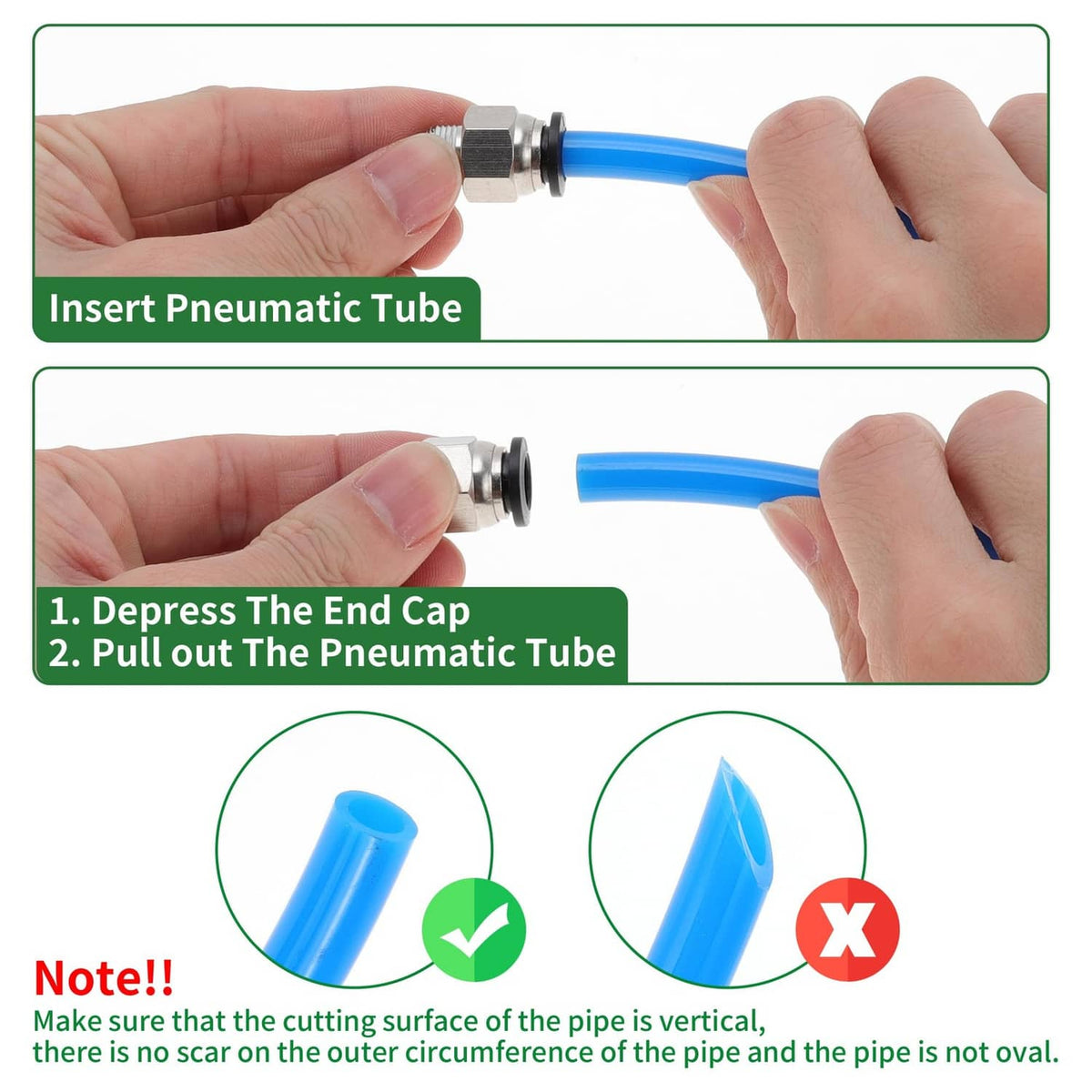 Hands inserting pneumatic tube into a push-to-connect air fitting with end-cap step