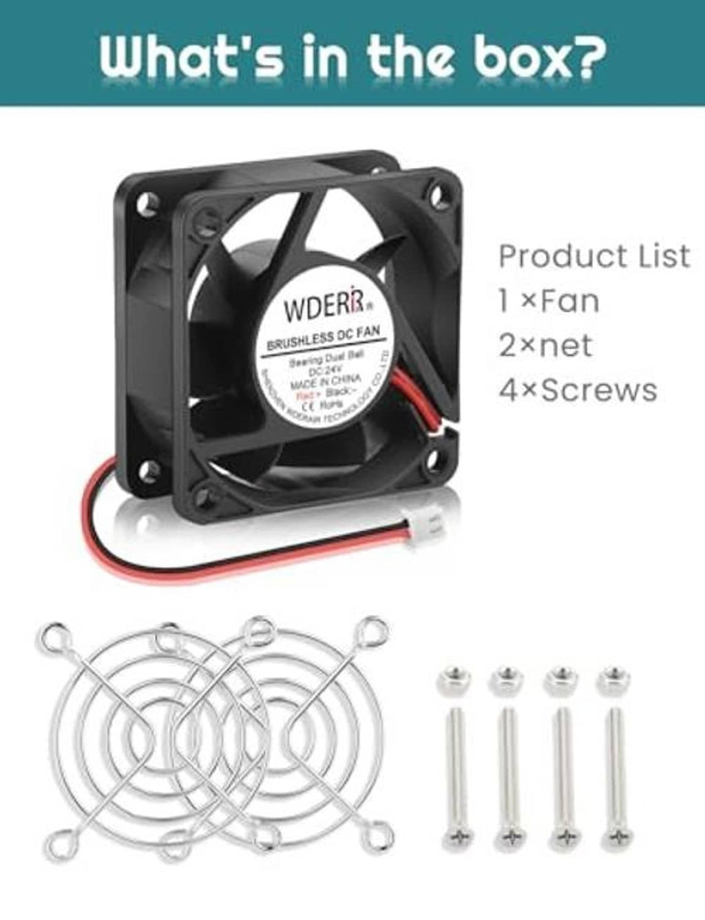 24V DC brushless cooling fan kit contents: fan, net, screws, and 2-pin wiring leads