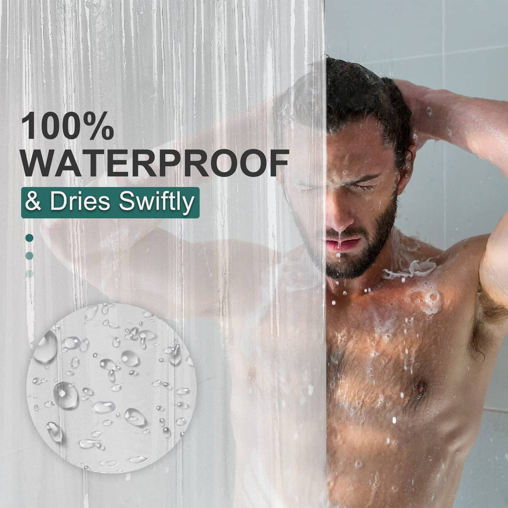 Transparent waterproof shower curtain liner with water droplets on surface