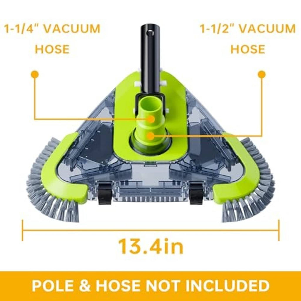 Pool vacuum head size diagram with vacuum hose fittings and surrounding base brushes.