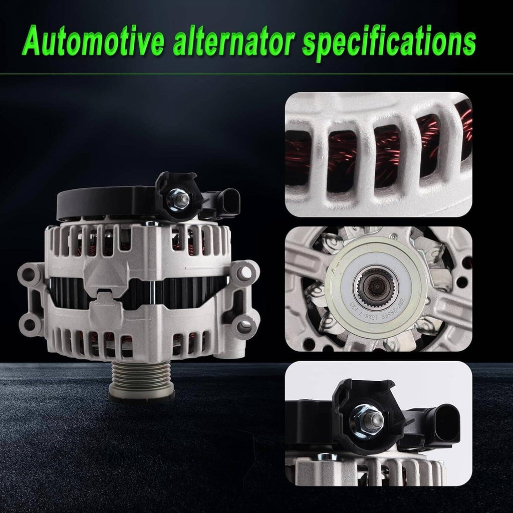 Automotive alternator with mounting bracket and three detail views