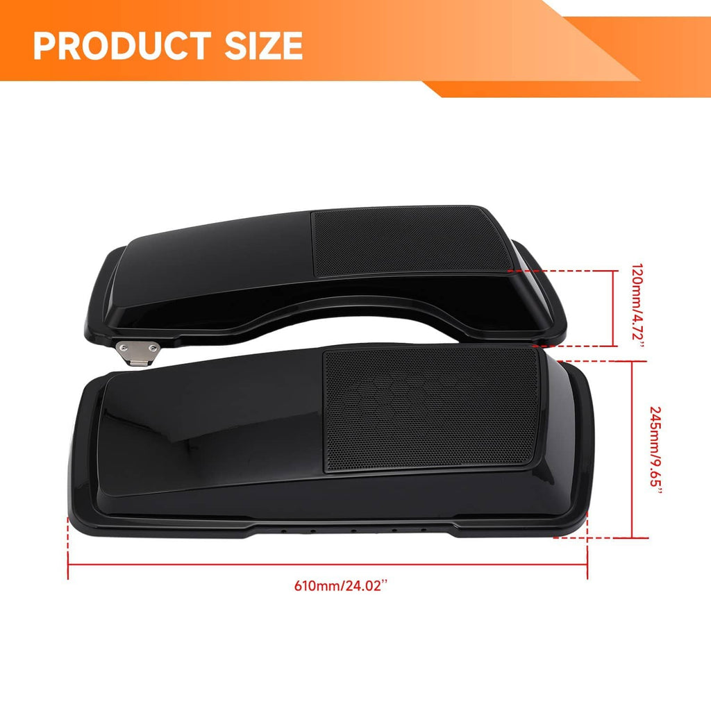 Pair of black hard saddlebag speaker covers with textured front speaker grille panels