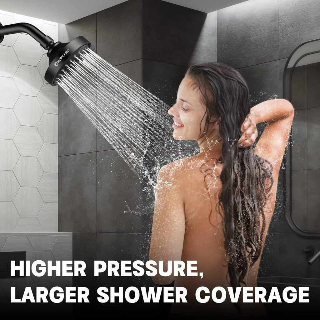 High-pressure matte black shower head spraying water for wide shower coverage