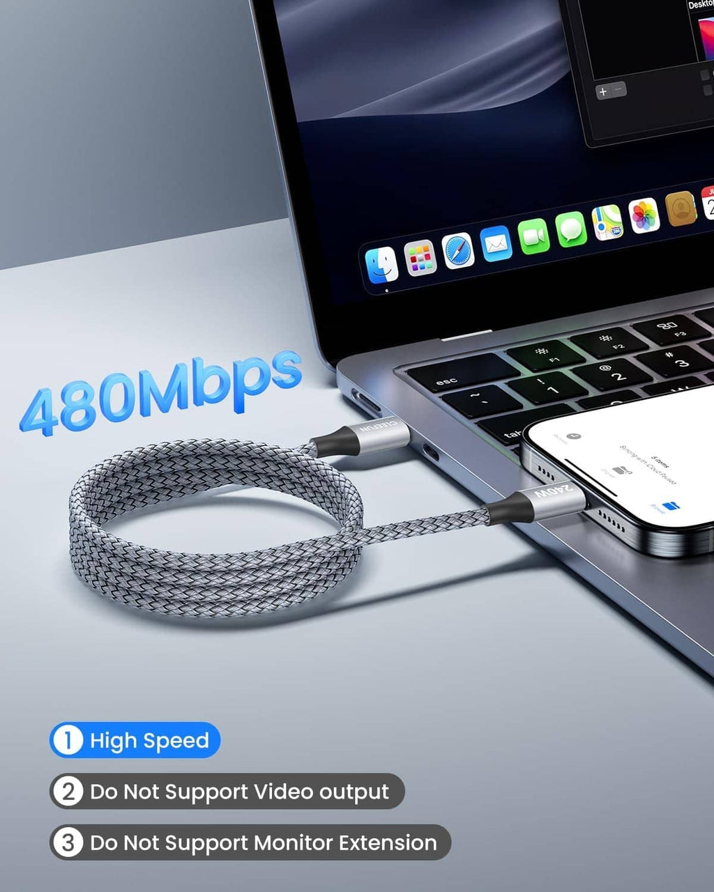 Grey USB-C to C cable plugged into a laptop USB-C port