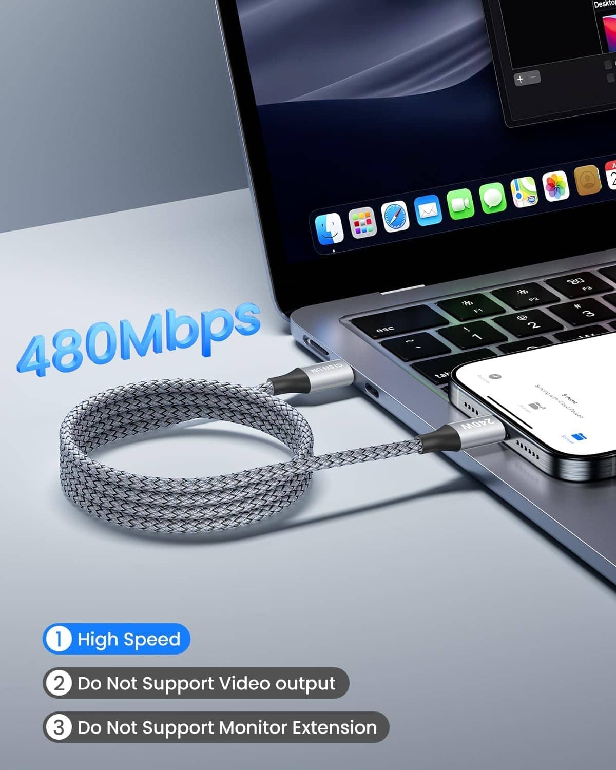 Grey USB-C to C cable plugged into a laptop USB-C port