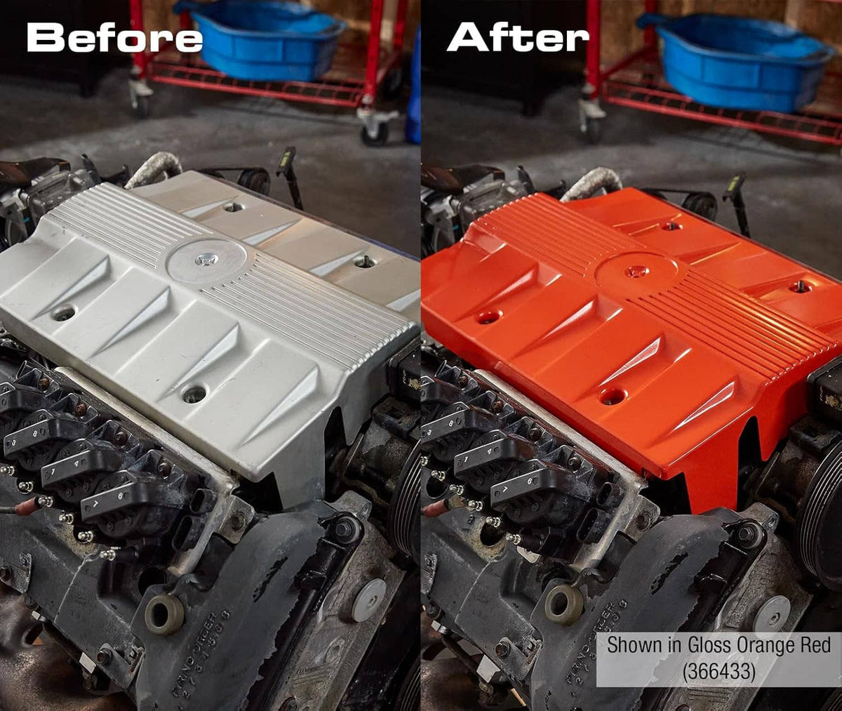 Engine valve covers before and after, gray and orange/red painted surfaces