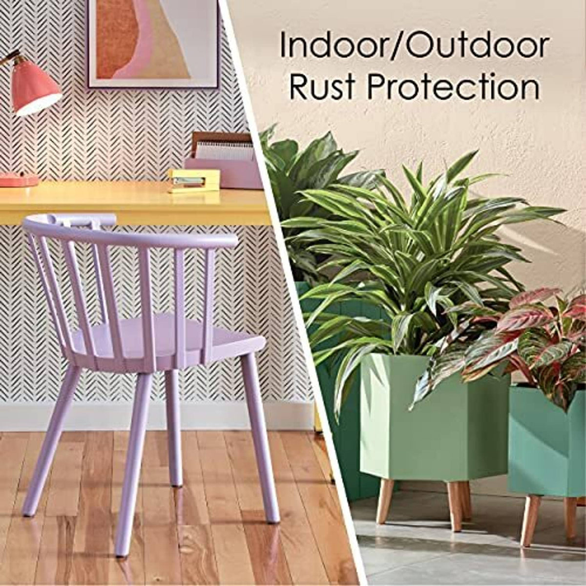 Lavender painted chair and green planter with plants on a patio