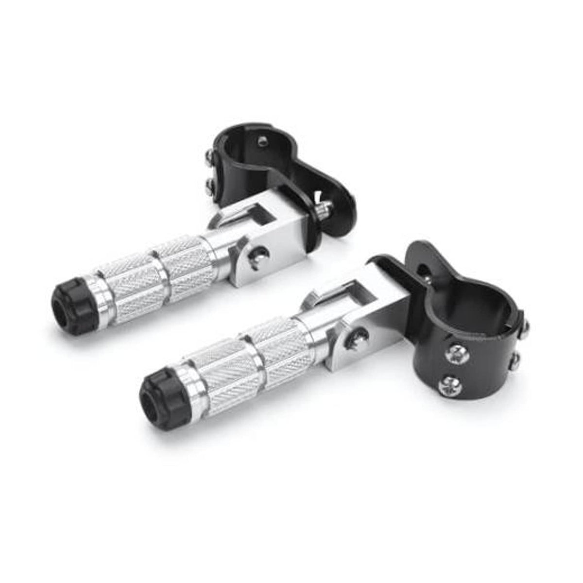 Universal motorcycle foot pegs with silver textured grips and black mounting brackets