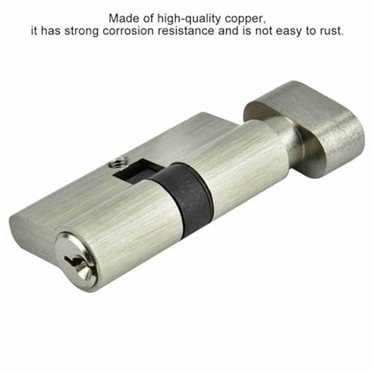 Copper-toned cylinder lock with black ring and keyhole on round end