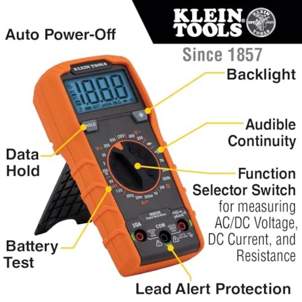 Orange digital multimeter with labeled controls, LCD screen, rotary dial, and probe input ports.