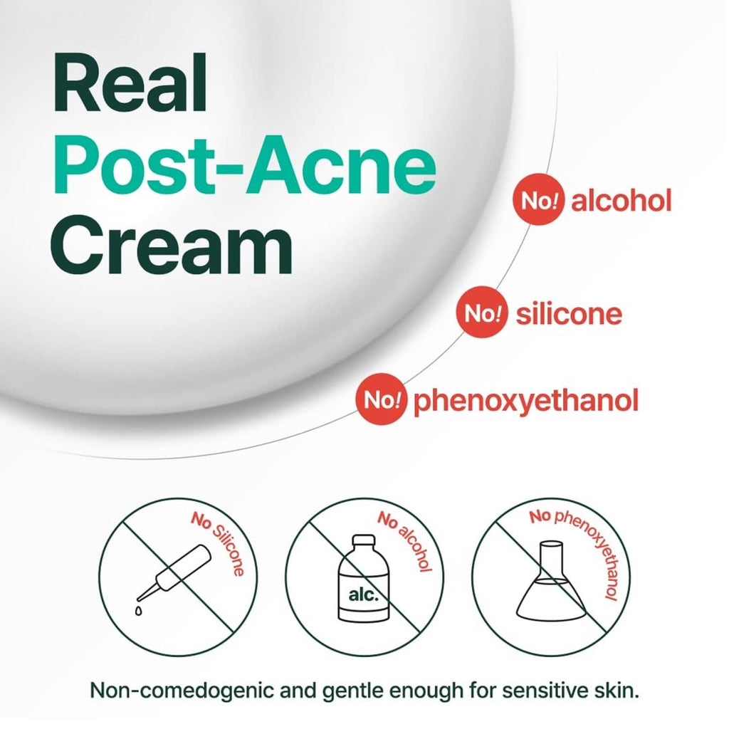 Cream ingredient icons on a white plate, text shows alcohol-free, silicone-free, phenoxy-free