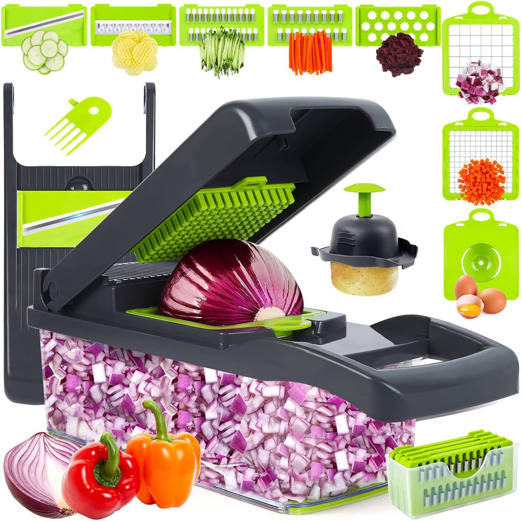 Gray mandoline vegetable chopper with green slicer guide and base, multi-blade set.