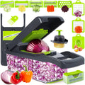 Gray mandoline vegetable chopper with green slicer guide and base, multi-blade set.
