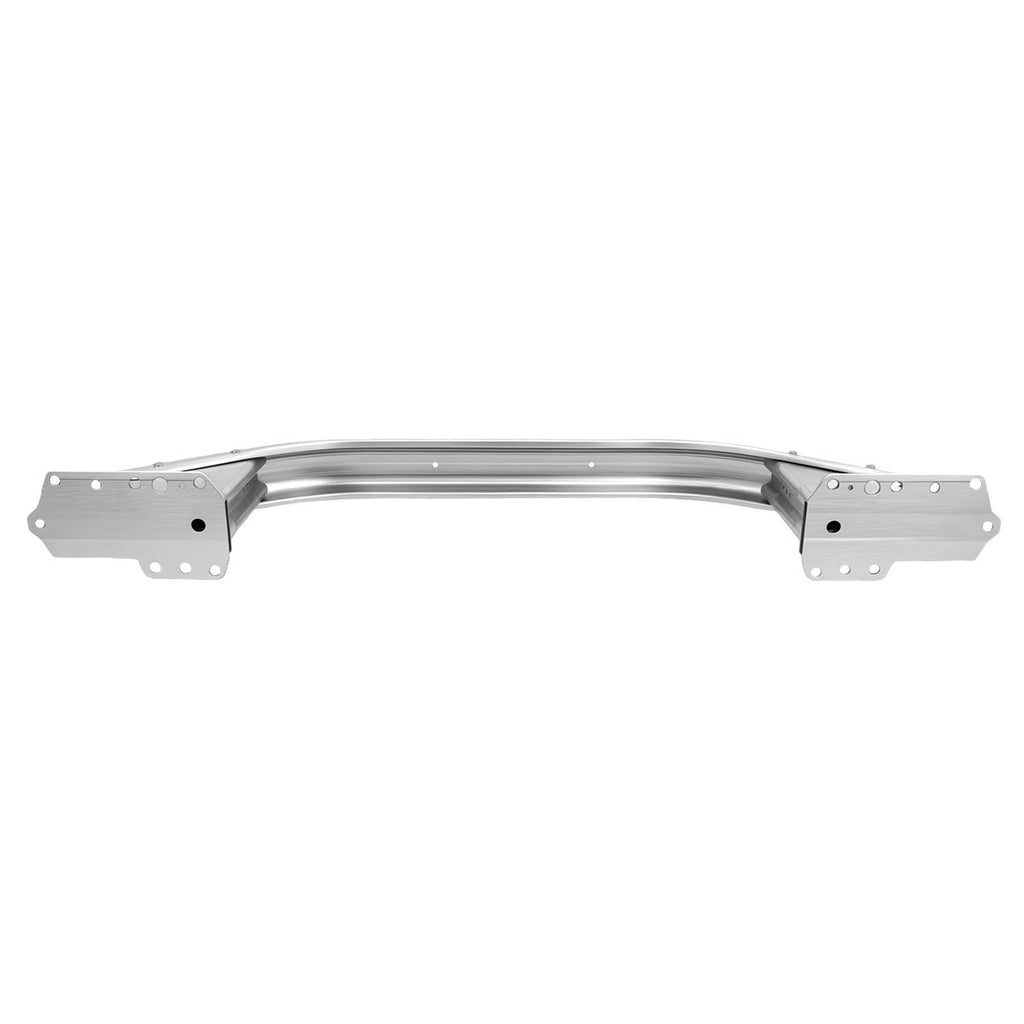 Front bumper reinforcement beam, front view of silver curved bar with mounting tabs.