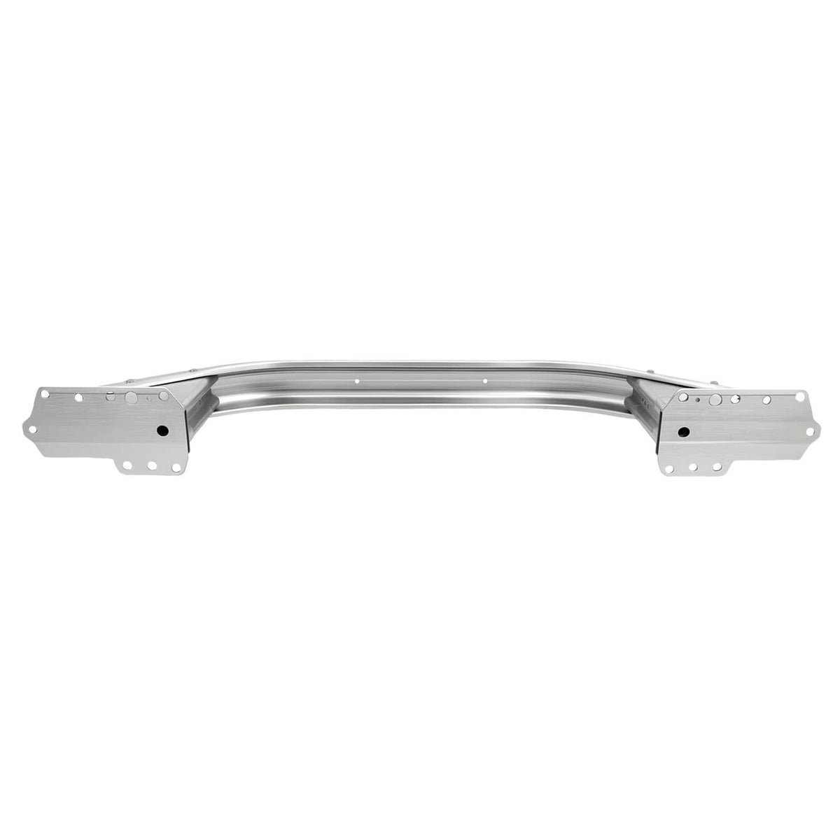 Front bumper reinforcement beam, front view of silver curved bar with mounting tabs.