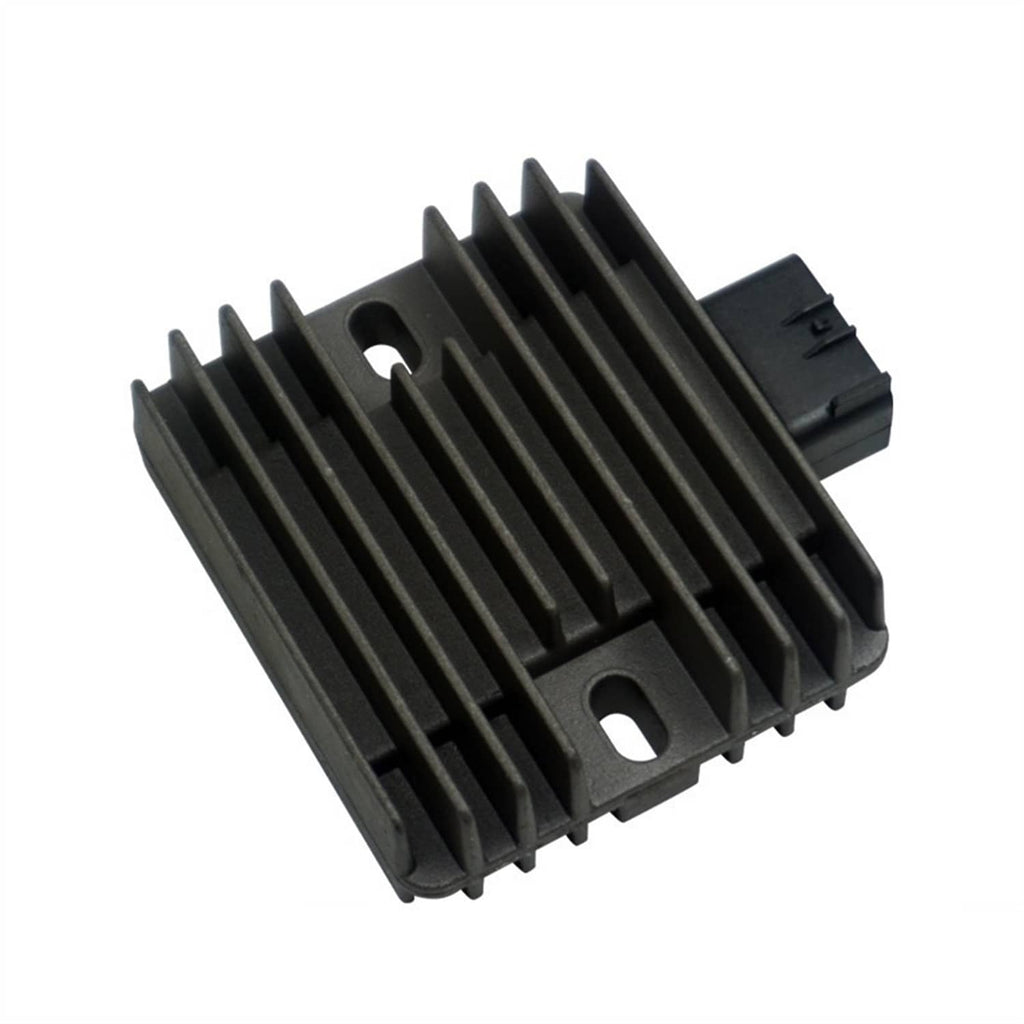 Black finned regulator rectifier with mounting holes and wire connector