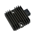 Black finned regulator rectifier with mounting holes and wire connector