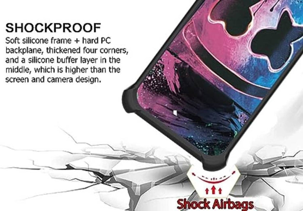 Shockproof phone case with black silicone bumper and clear hard PC back, colorful design.
