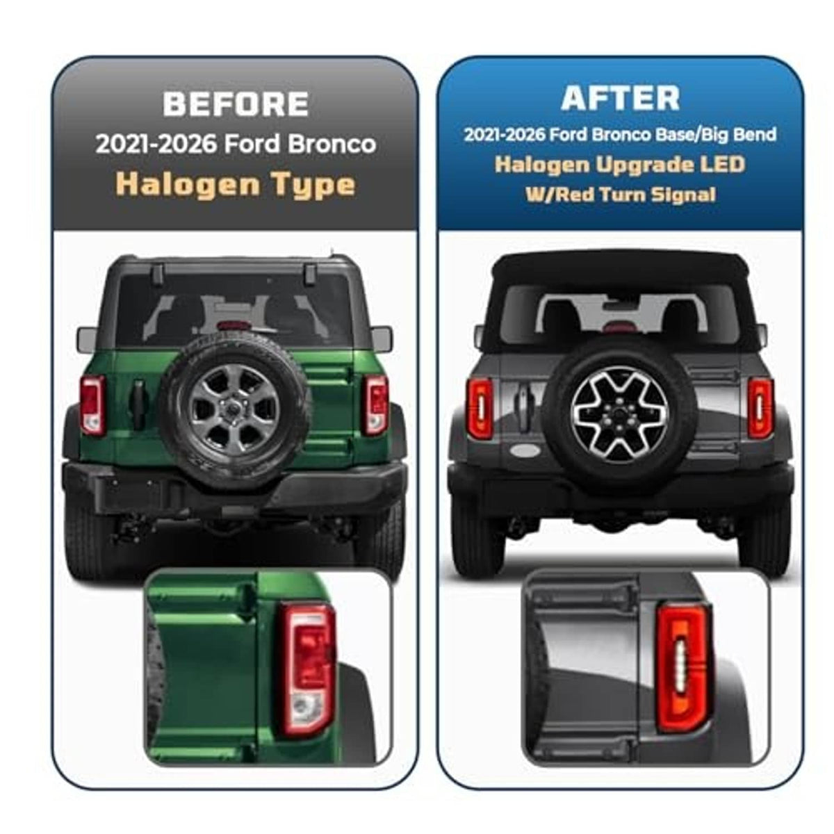LED tail light upgrade shown versus halogen-style rear lamp housing