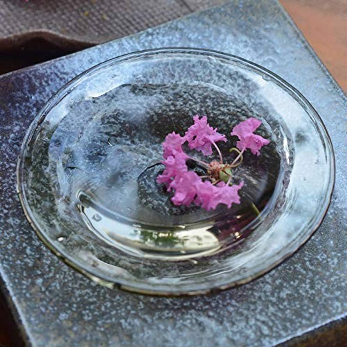 Round glass wax melt liner dish with clear bowl and dark interior