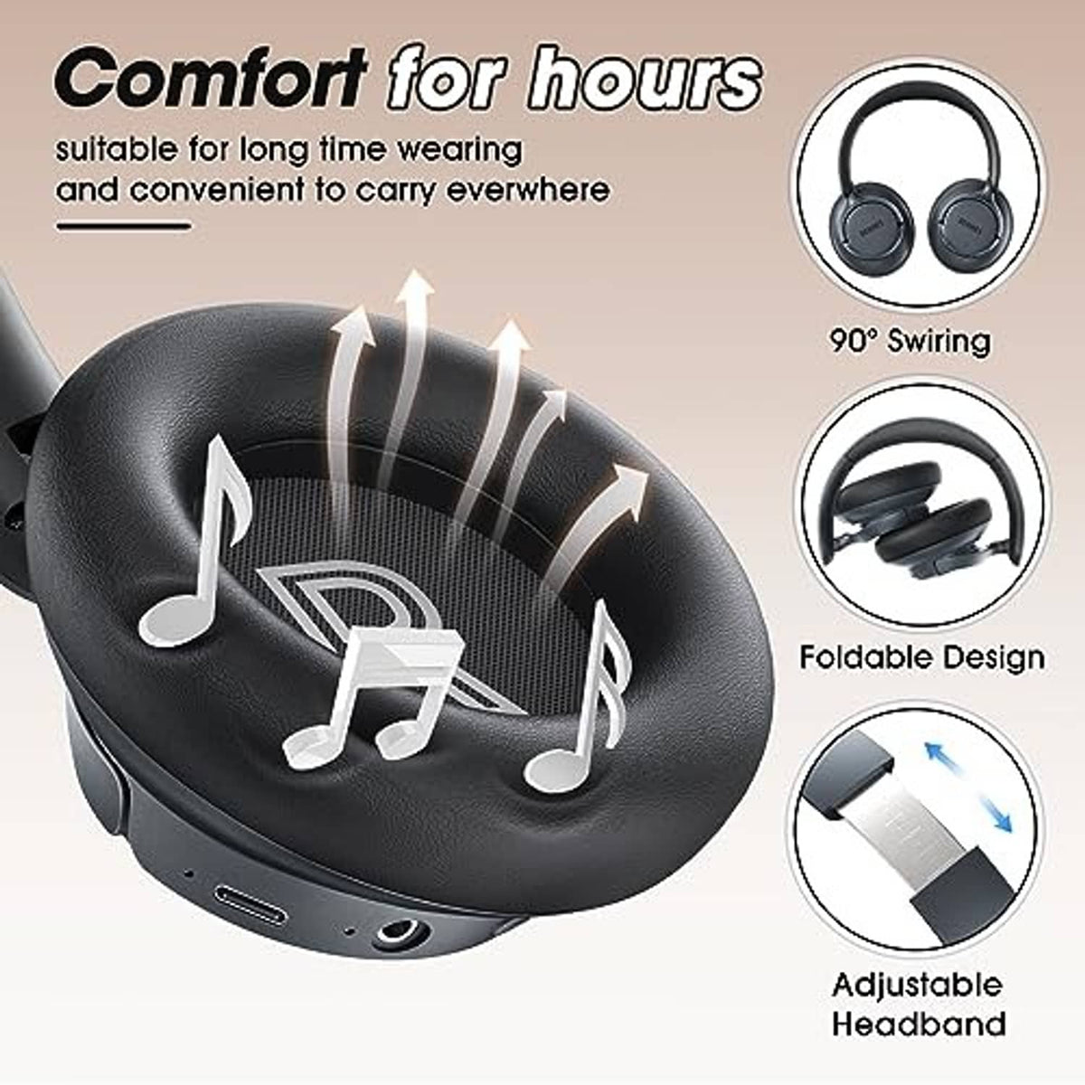 Over-ear hybrid noise cancelling headphones with cushioned ear pads, transparent black