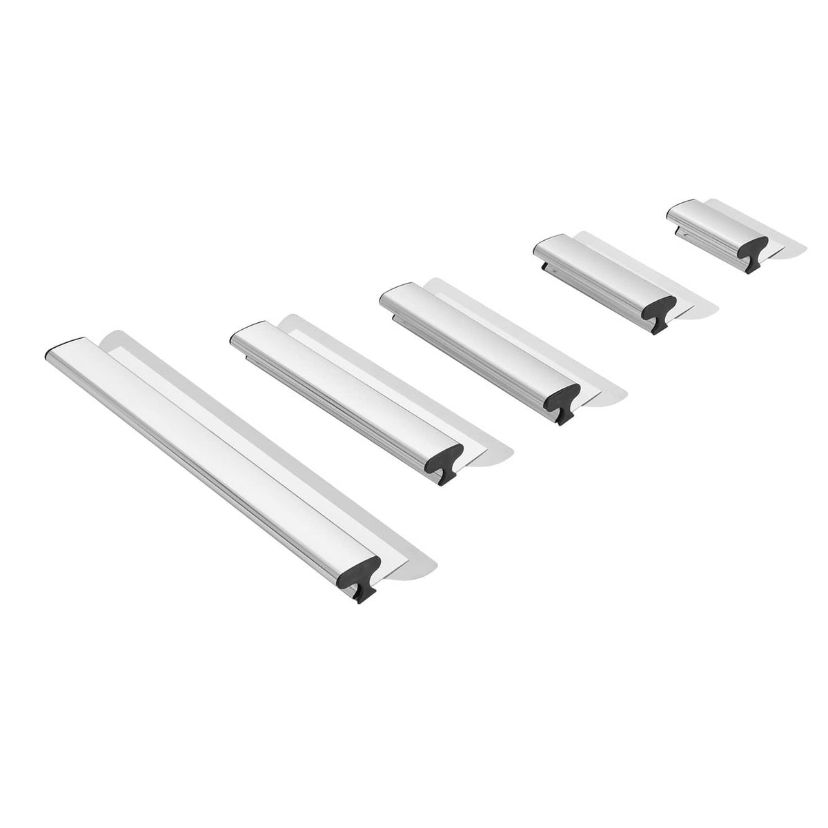 Drywall skimming blades with black-edge inserts, multiple widths, and blade holders