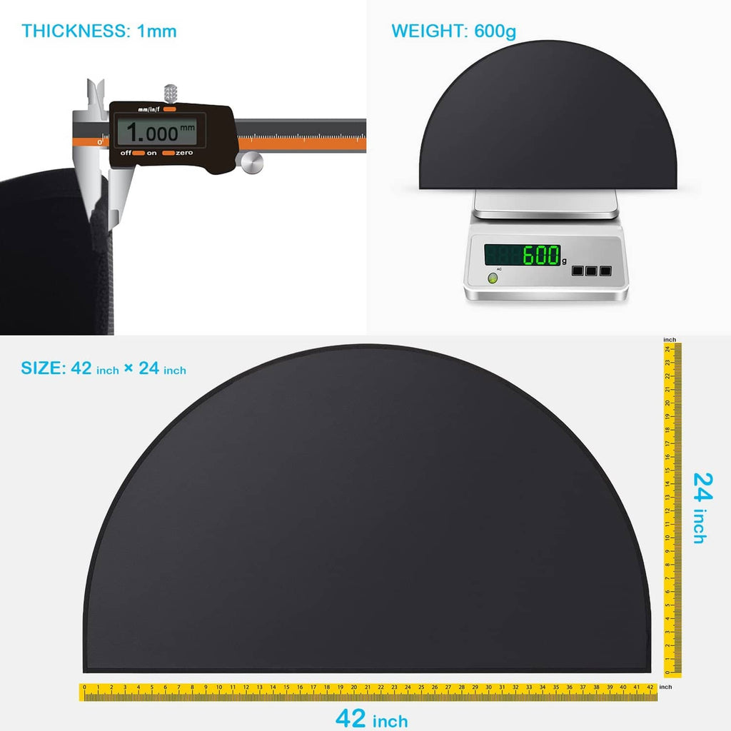 Black half-round fireplace mat shown with measurement scale and weight gauge