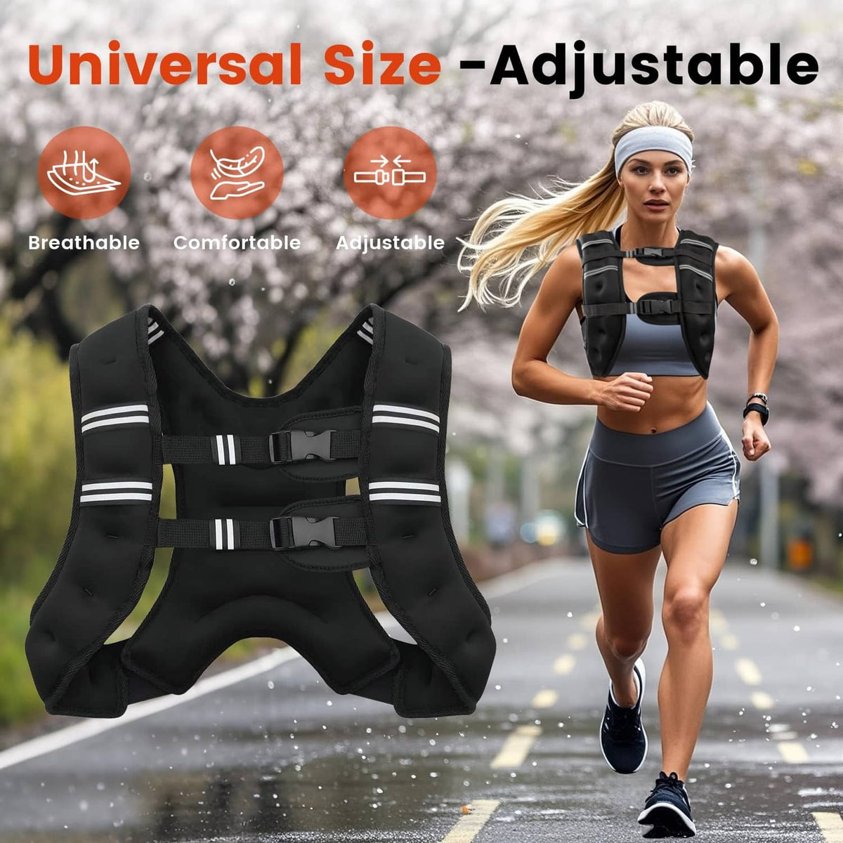 Black weighted vest with adjustable buckle straps and reflective bands, on runner
