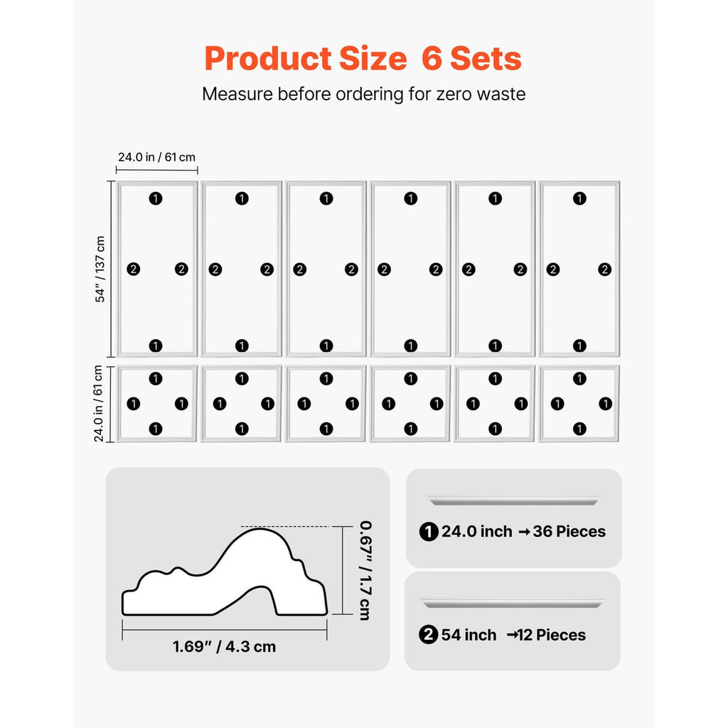 Wall molding set layout diagram with rectangular panel pieces and size measurements