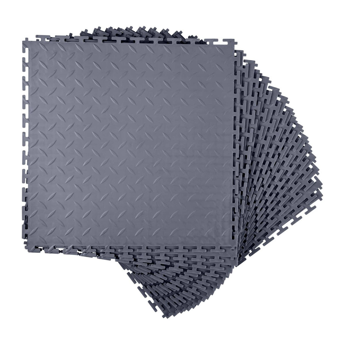 Gray PVC interlocking garage floor tile with raised diamond texture and snap edges