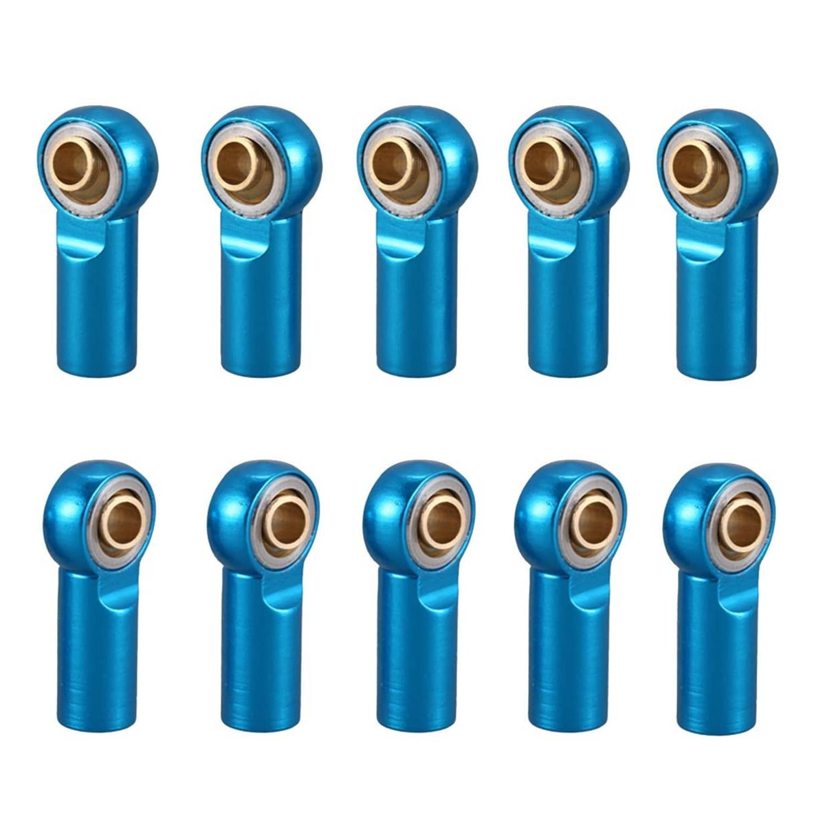 Blue aluminum M3 tie rod end ball joint links, 10-pack, angled rod-end view