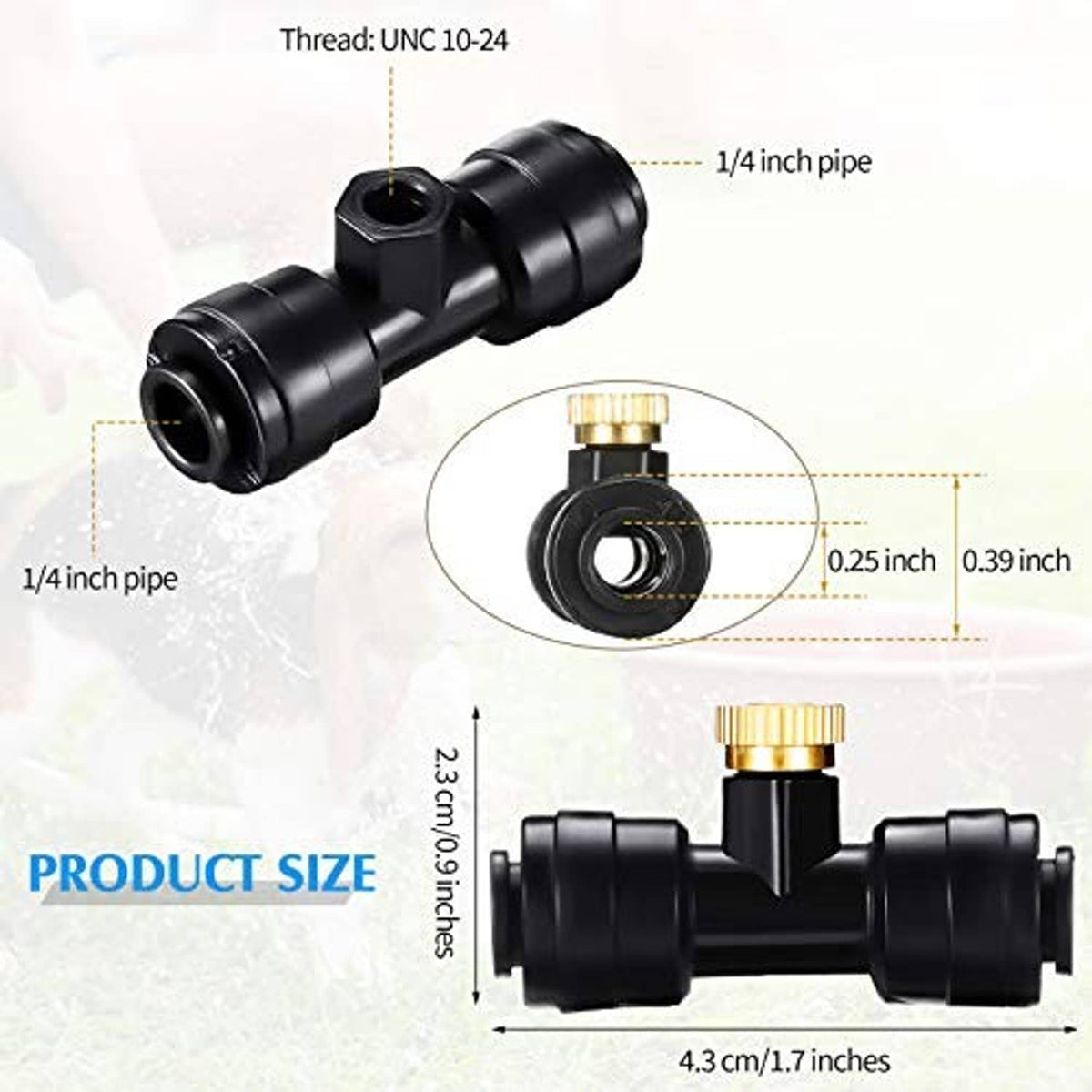 Black 1/4 in misting nozzle tee with brass inlet and threaded side connections