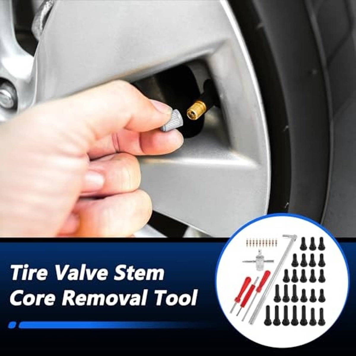 Tire valve stem core removal tool used on a wheel valve stem; hand holding tool.