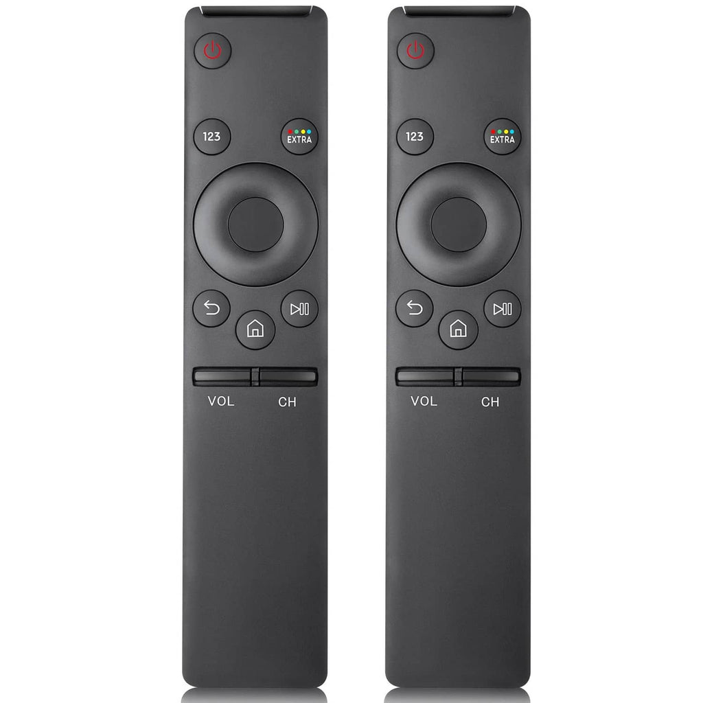 Black universal TV remote control, two units shown with navigation ring and volume keys