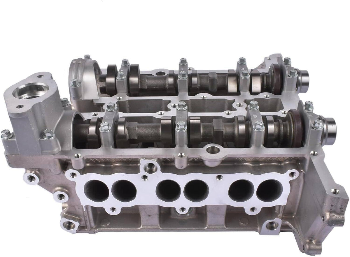Engine cylinder head side view with cam journals and cylinder bore openings, silver