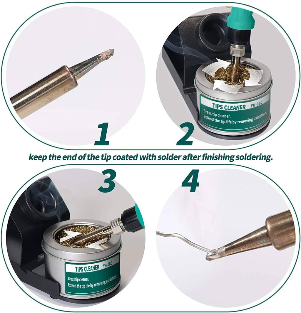 Soldering tip cleaning steps with tips cleaner can and illustrated soldering iron end handling