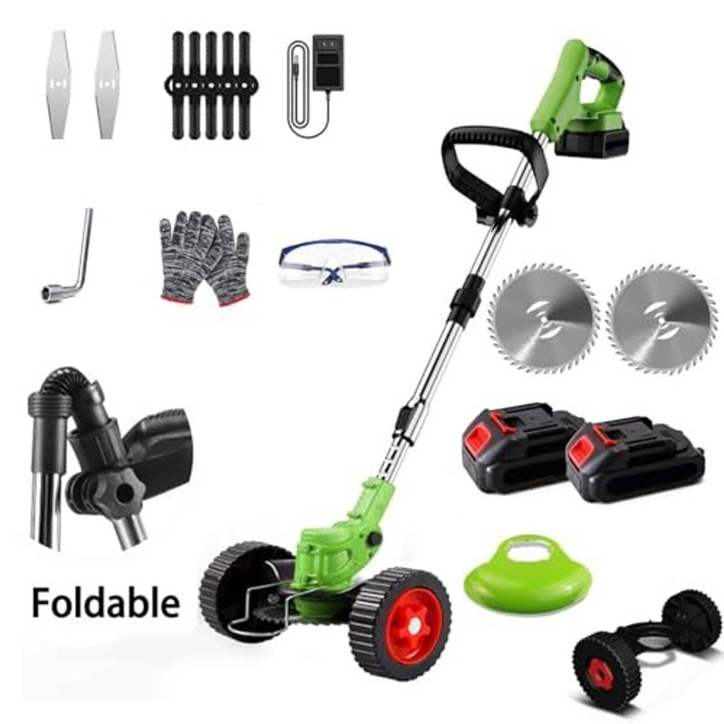 Foldable green grass strimmer with wheel base, circular blade, and included blade attachments