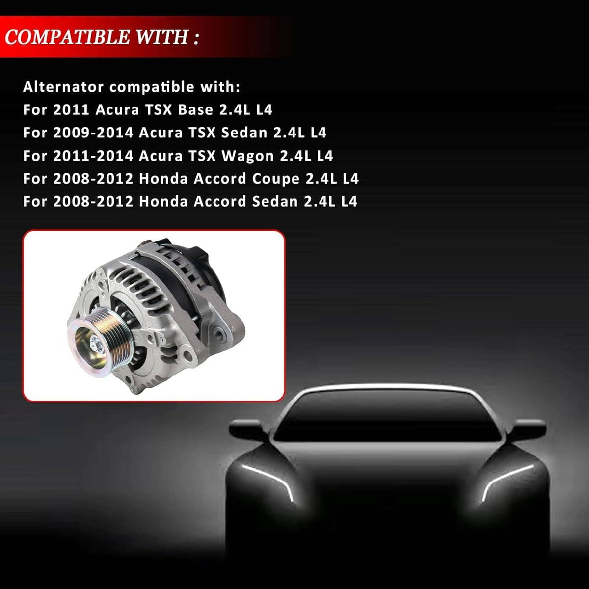 Alternator product card showing front pulley and vented housing, on compatibility graphic