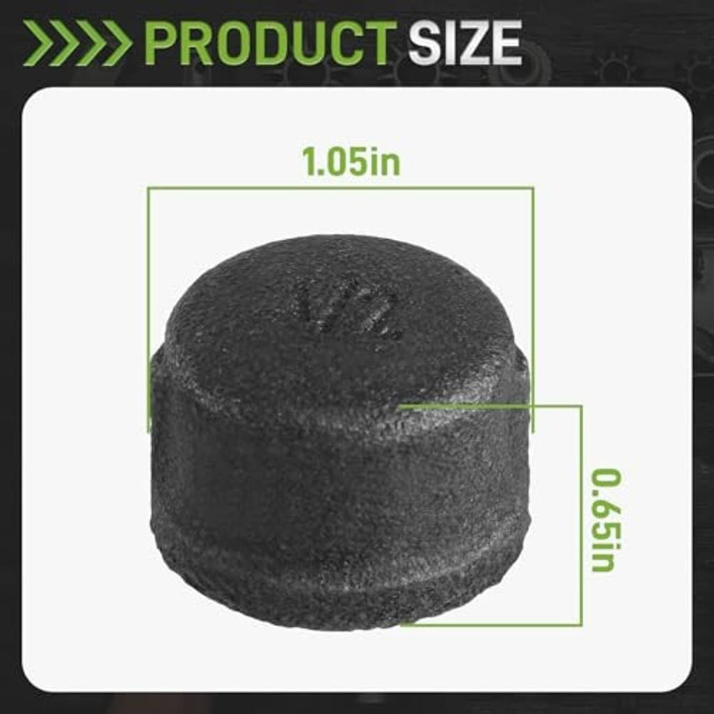 Single black pipe thread cap, 1/2 in, textured malleable iron