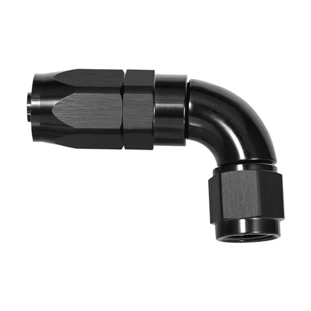 Black 90-degree swivel hose end fitting, curved elbow with hex collar inlet