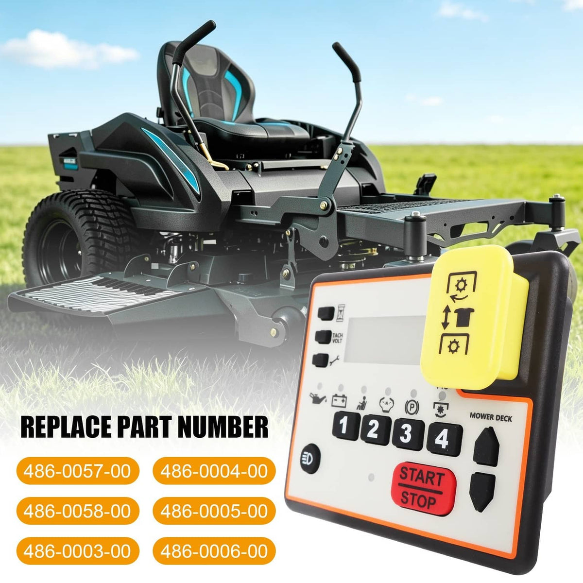 Mower control panel keypad with LCD screen and yellow control switch on front